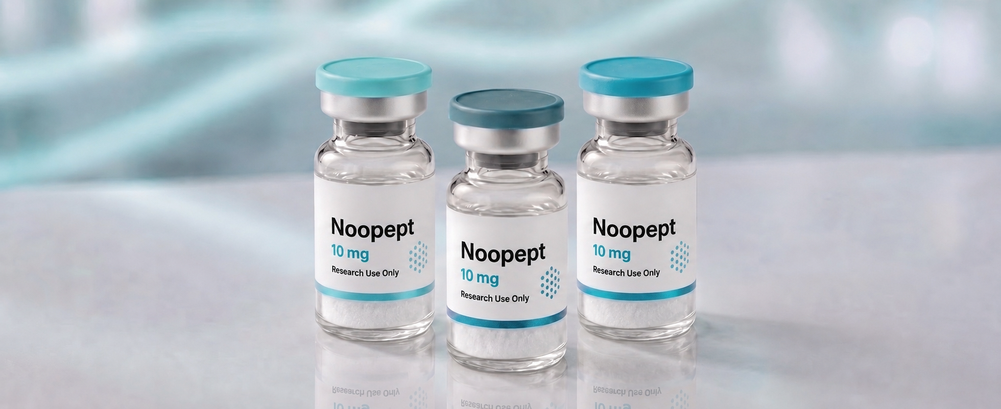 A row of Noopept (Omberacetam) research vials, mock product photograph