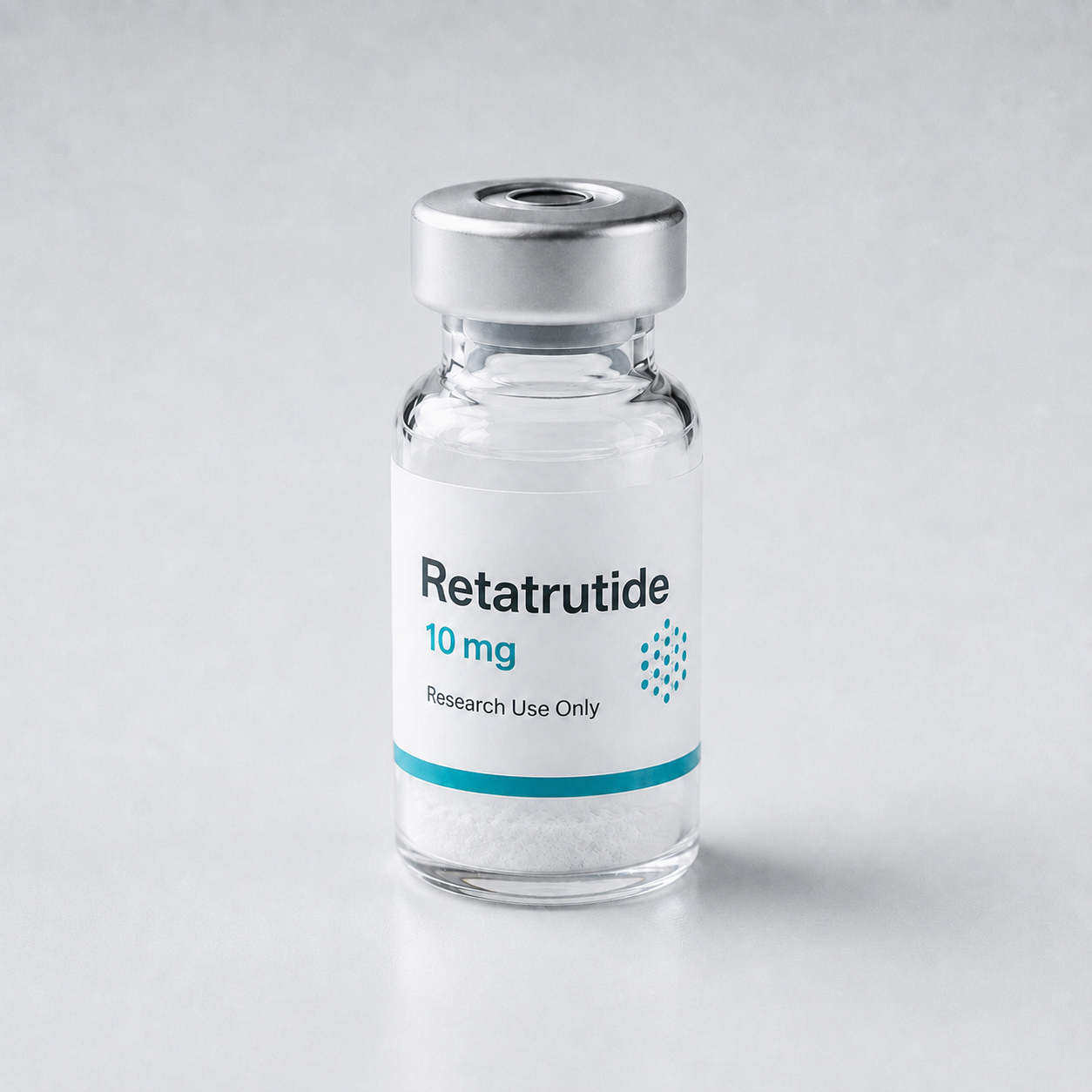 Research vial labeled Retatrutide containing white lyophilized powder
