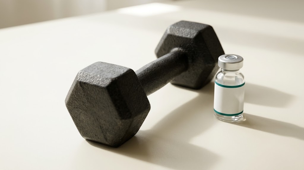 A black dumbbell beside a clear peptide vial with a blank white label and teal bands on a warm studio surface.