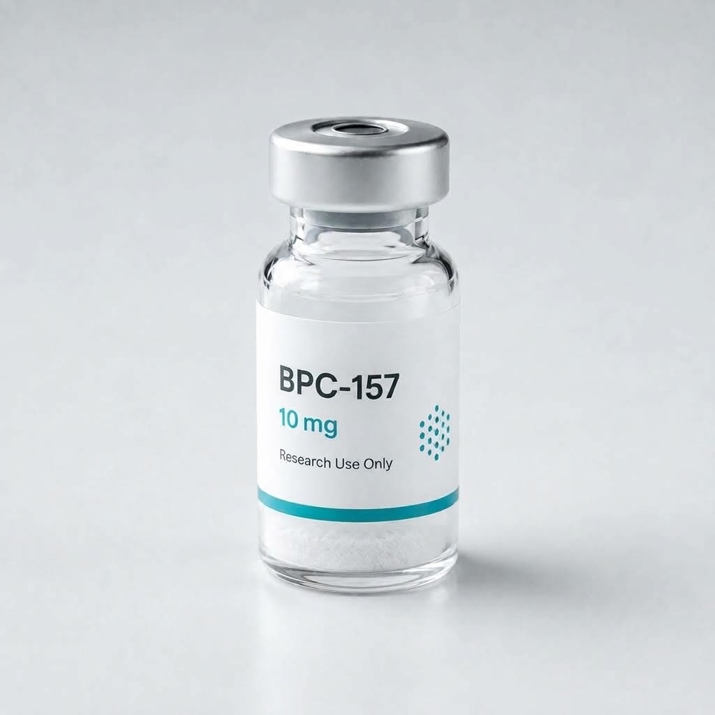BPC-157 research vial on a pale surface