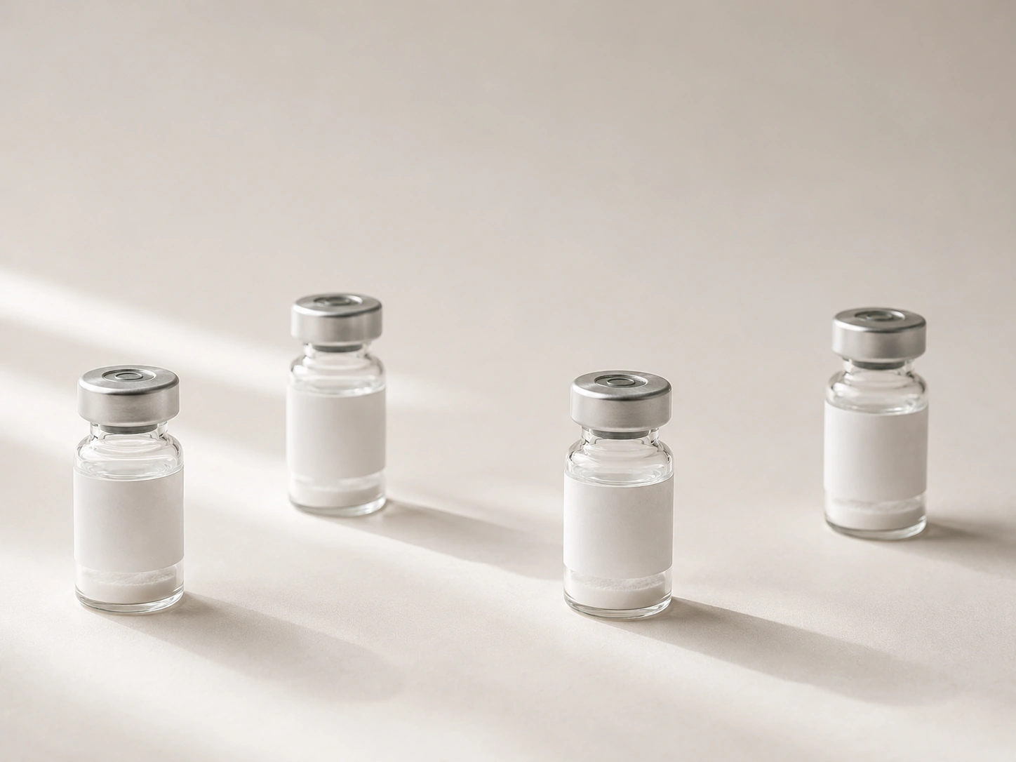Four unlabelled glass peptide vials on a pale surface in daylight