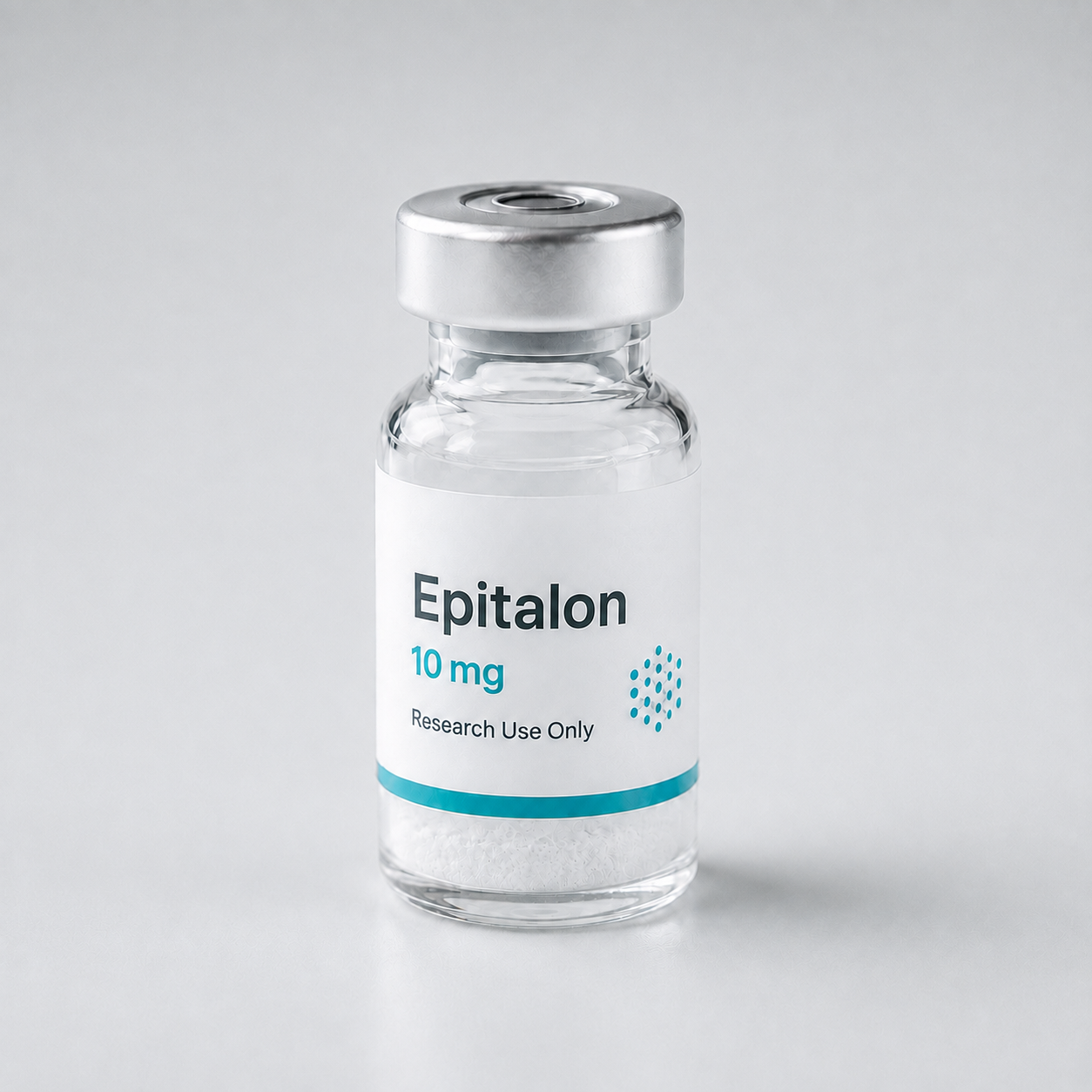 Research vial labeled Epitalon containing white lyophilized powder