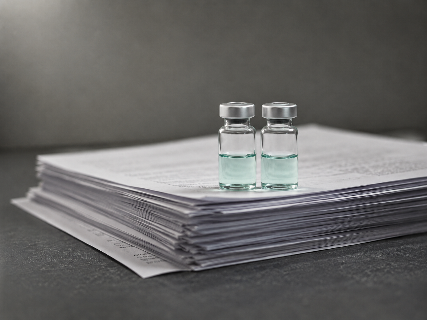 Two peptide vials side by side, one teal and one charcoal, on a soft mint background