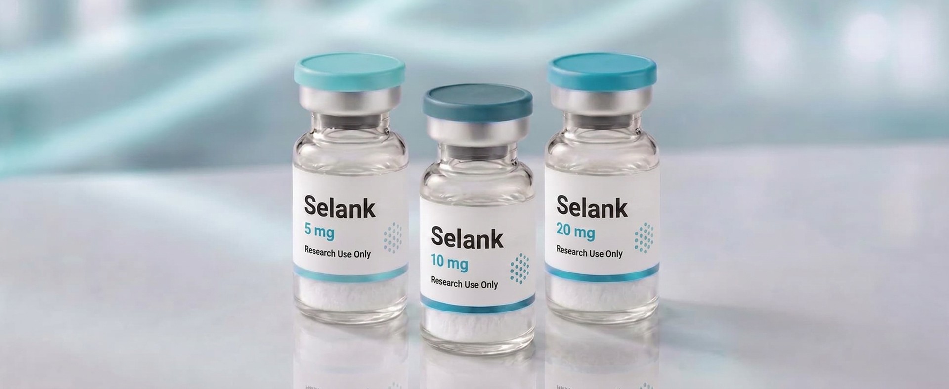 A row of Selank research vials, mock product photograph