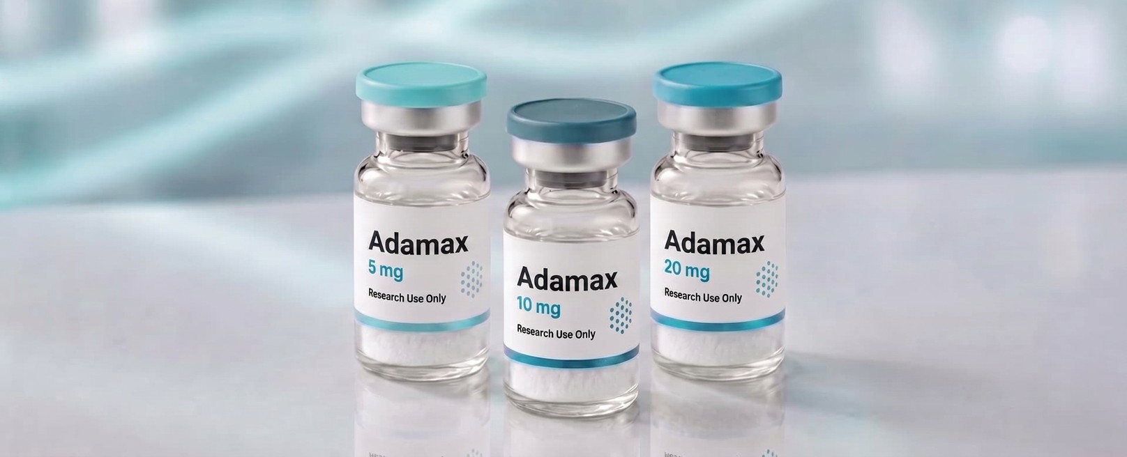 A row of Adamax research vials, mock product photograph