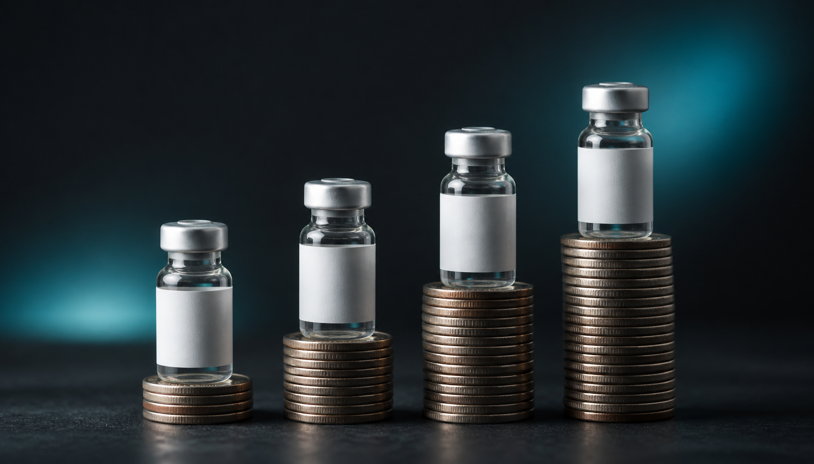 Four unlabelled vials standing on stacks of coins of increasing height on a dark surface.
