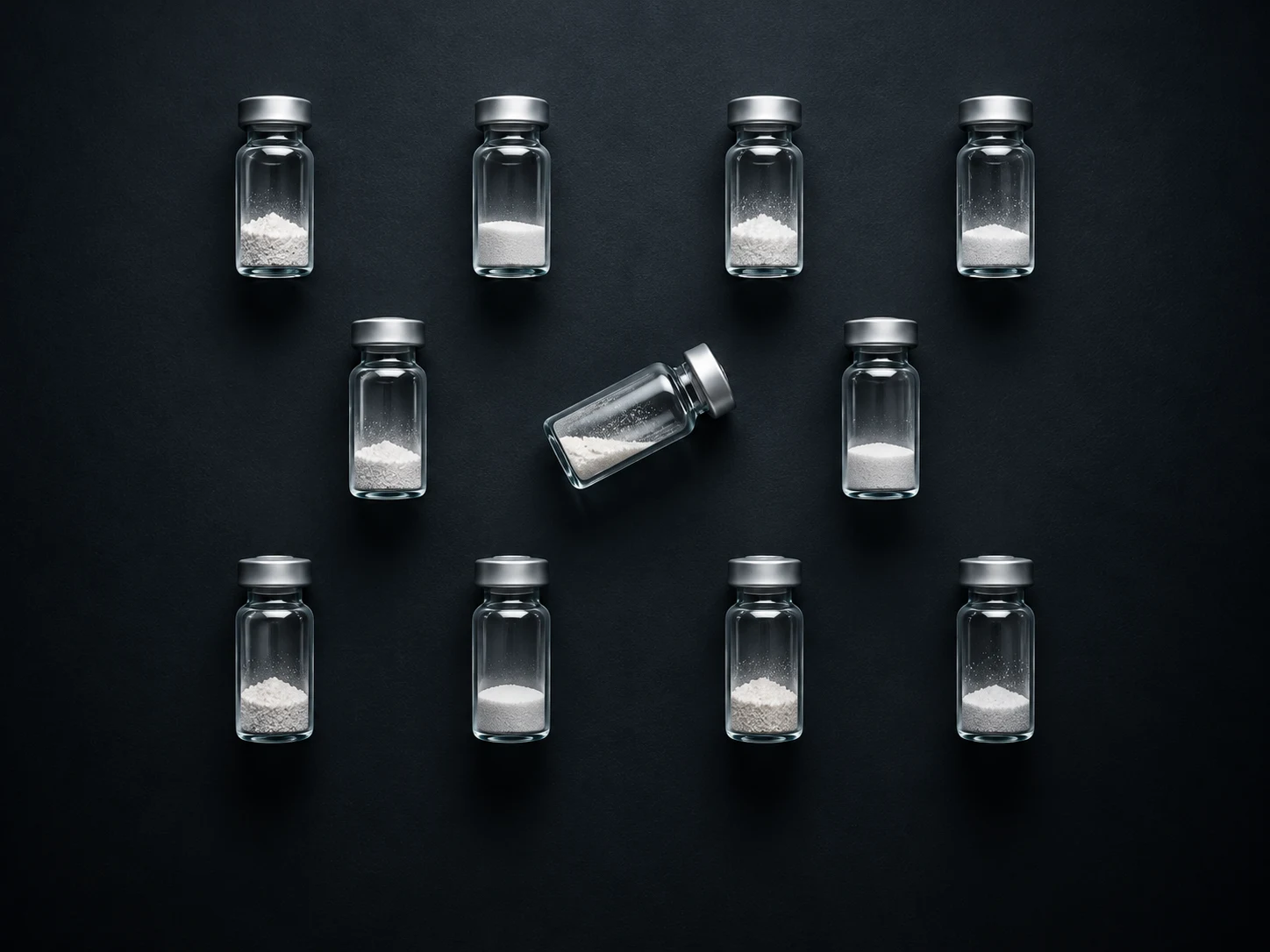 Clear glass vials containing different amounts of white powder on a dark textured surface