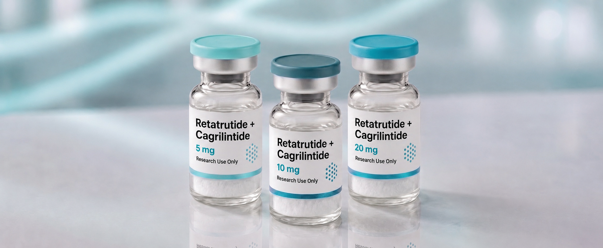 A row of Retatrutide + Cagrilintide blend research vials, mock product photograph