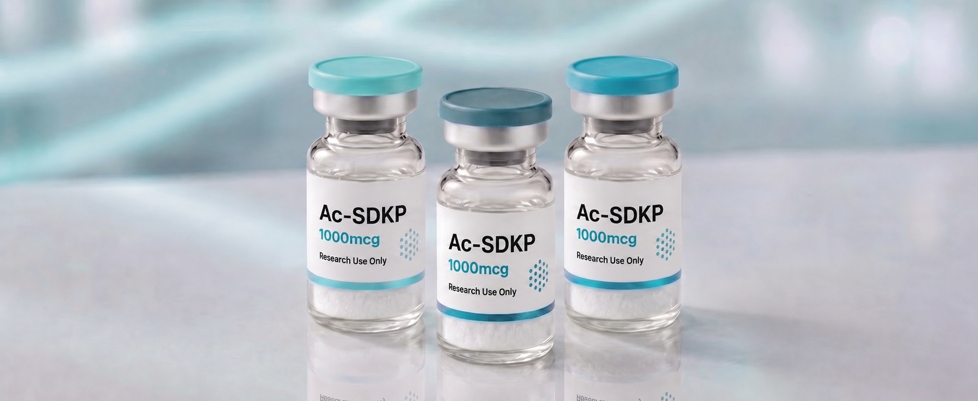 A row of Ac-SDKP (TB-500 Fragment 1-4) research vials, mock product photograph