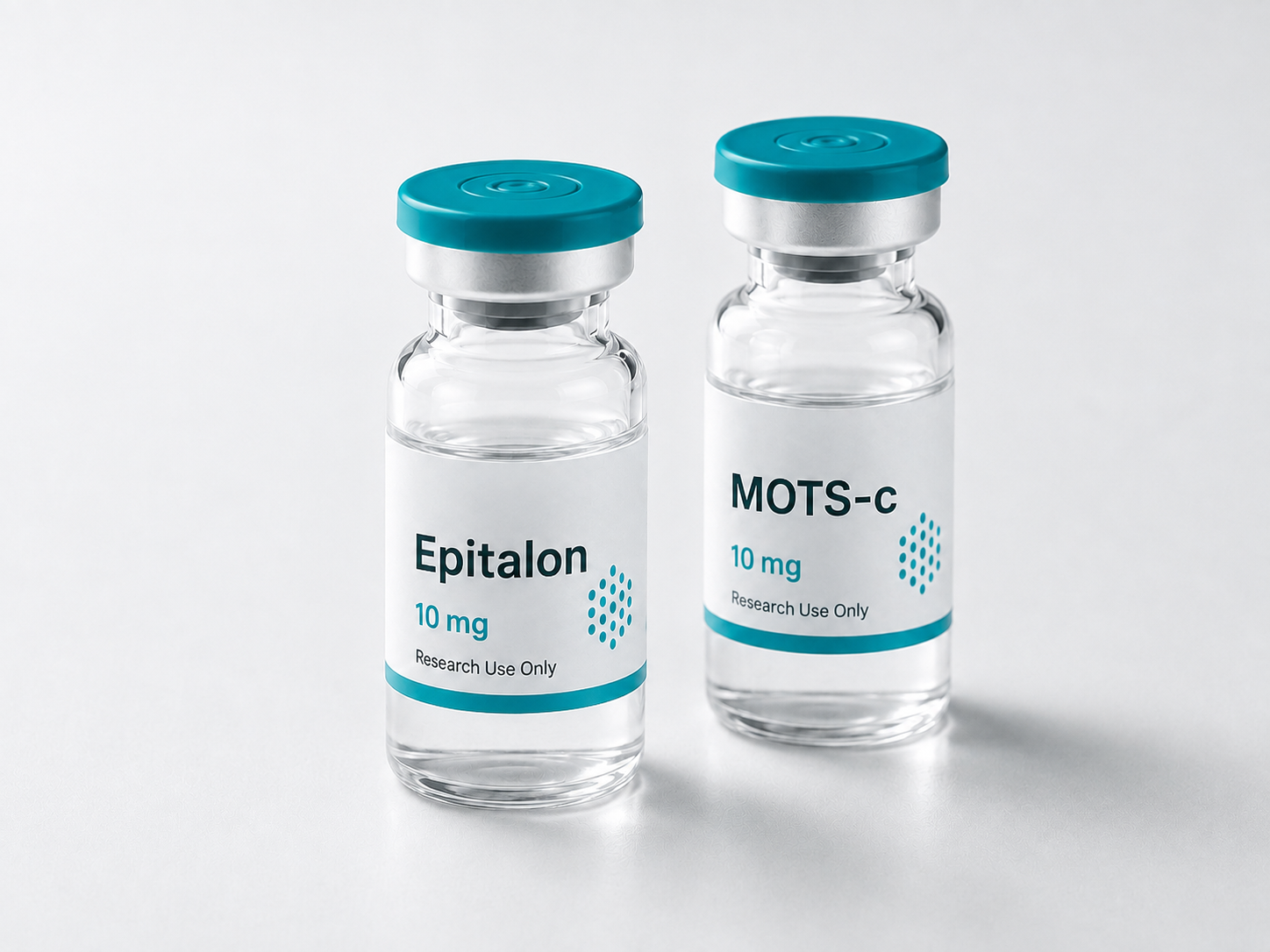 Epitalon and MOTS-c vials side by side on a white surface
