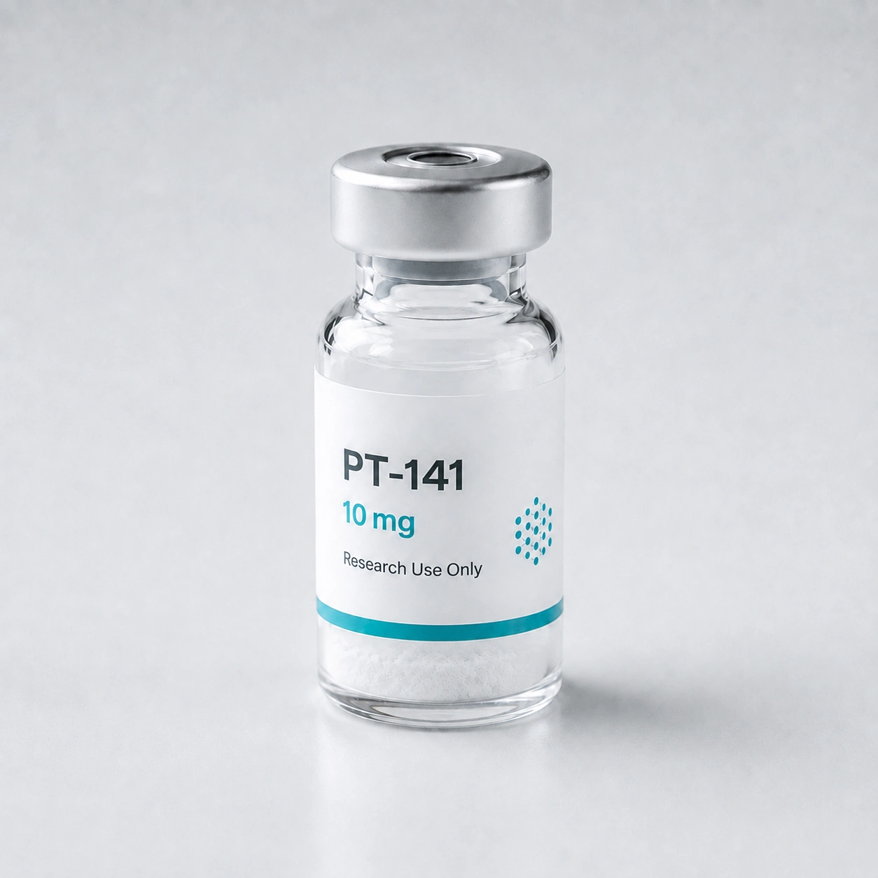 Research vial labeled PT-141 containing white lyophilized powder