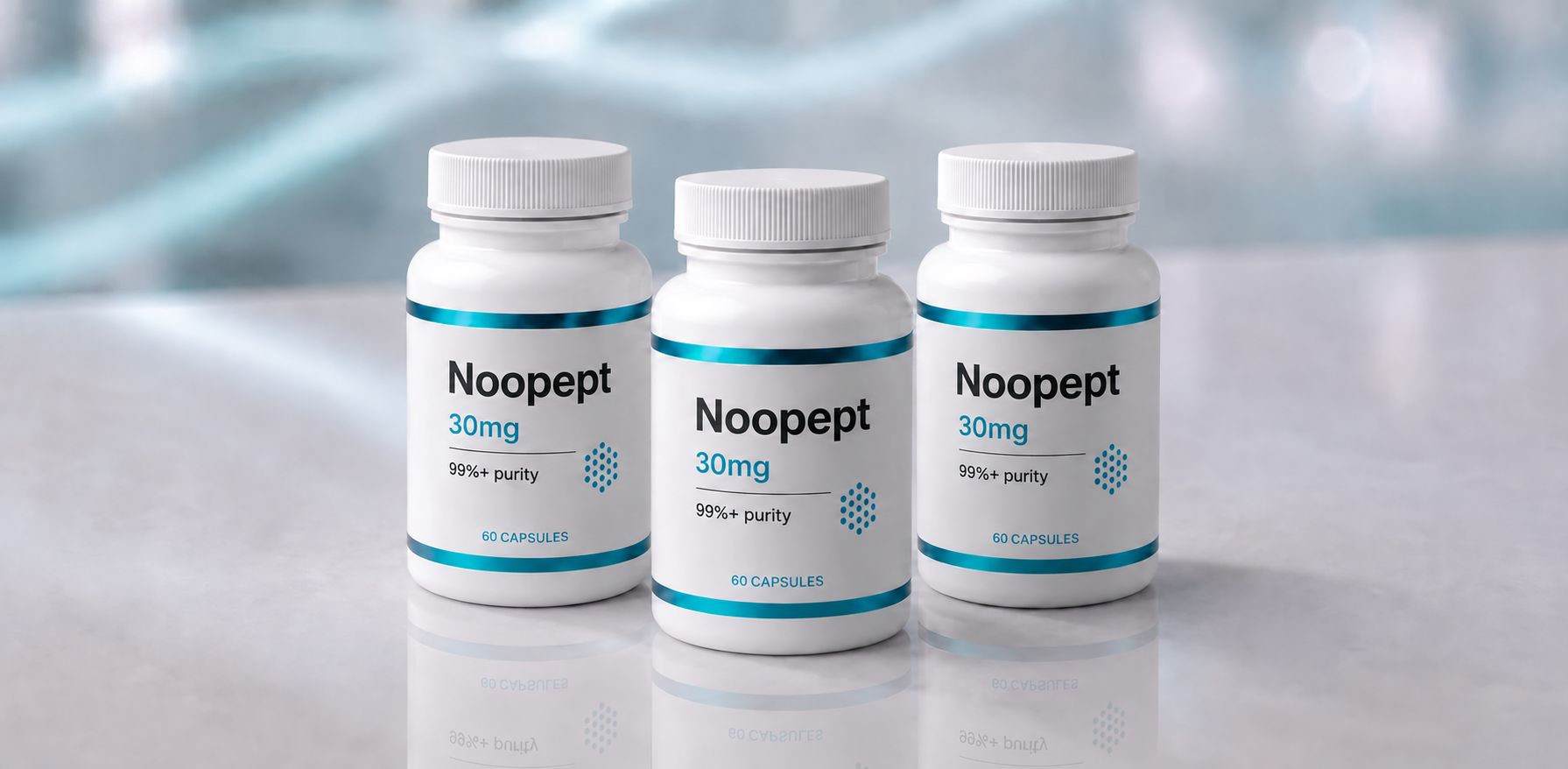 A row of Noopept (Omberacetam) research vials, mock product photograph