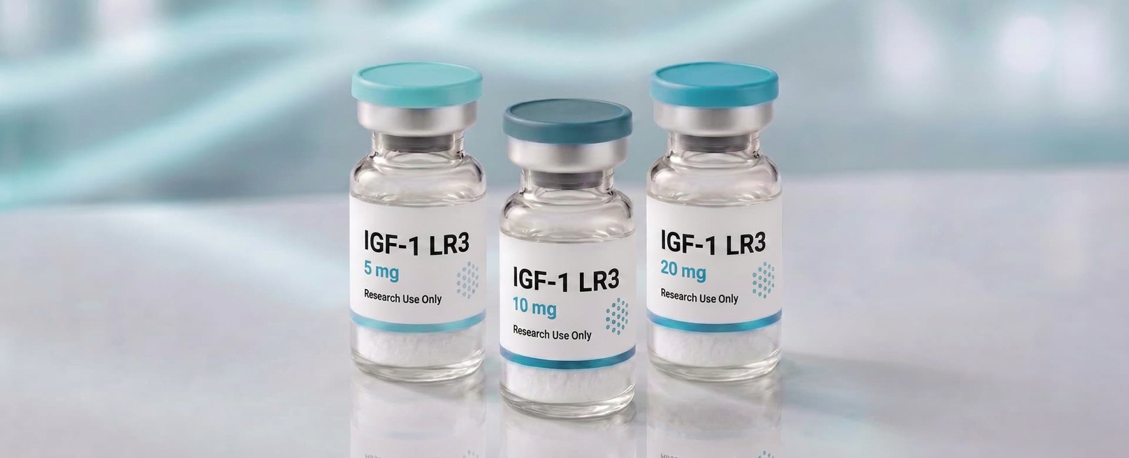 A row of IGF-1 LR3 research vials, mock product photograph
