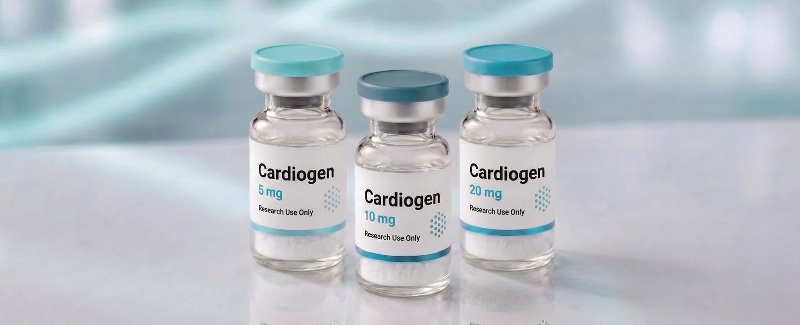 A row of Cardiogen research vials, mock product photograph