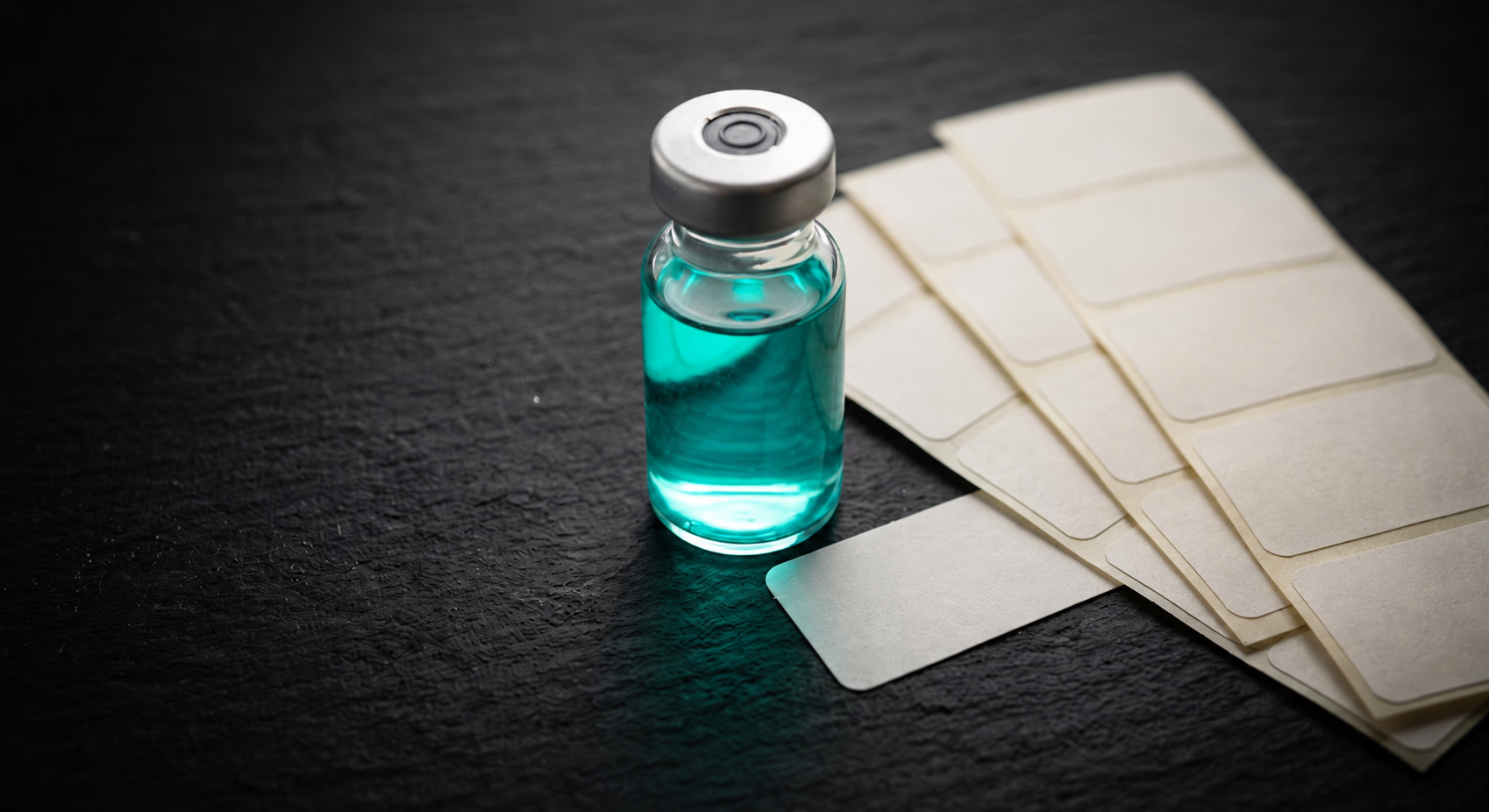 A small clear glass vial with a silver crimp cap, filled with turquoise liquid, standing on a dark surface beside a sheet of blank white labels.