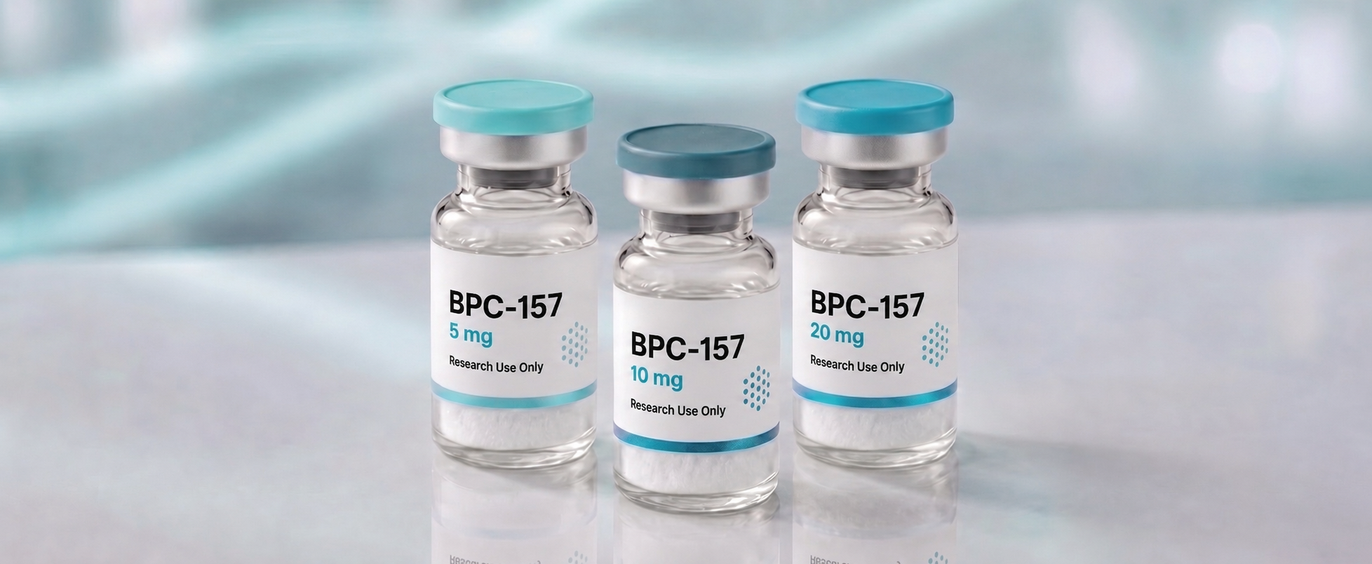 A row of BPC-157 research vials, mock product photograph