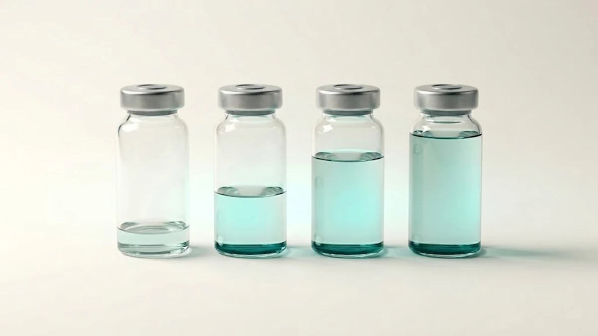Four peptide vials in a row showing increasing amounts of reconstituted liquid.
