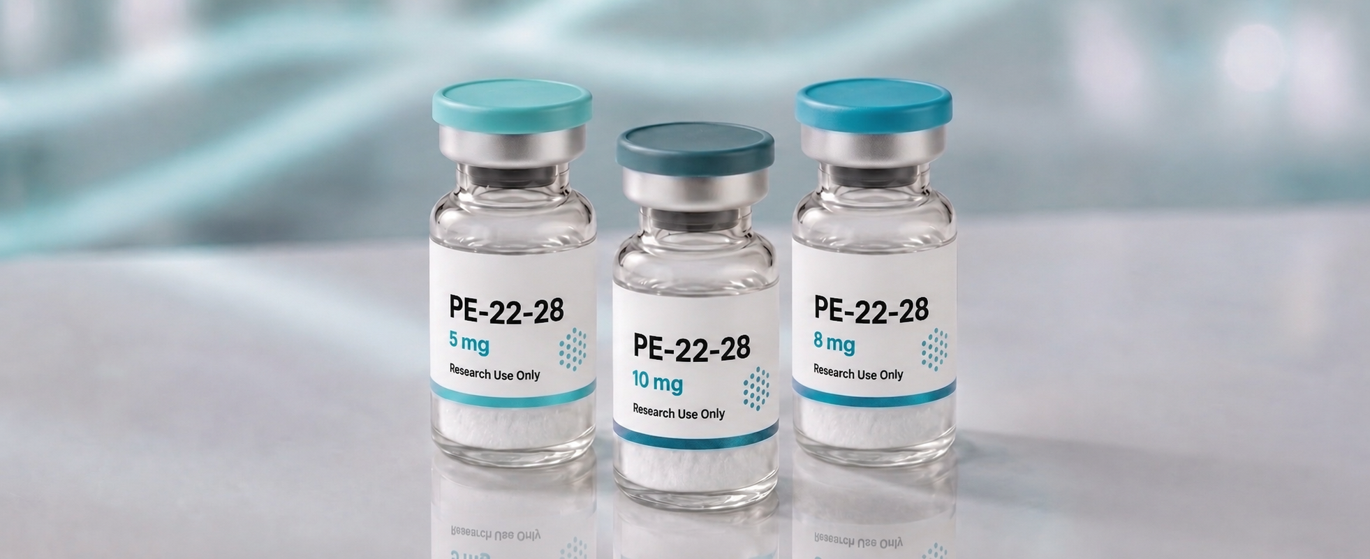 A row of PE-22-28 research vials, mock product photograph