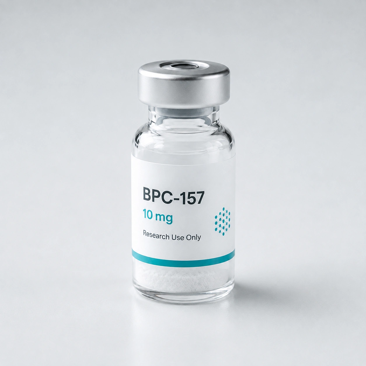 Research vial labeled BPC-157, ten milligrams, containing white lyophilized powder