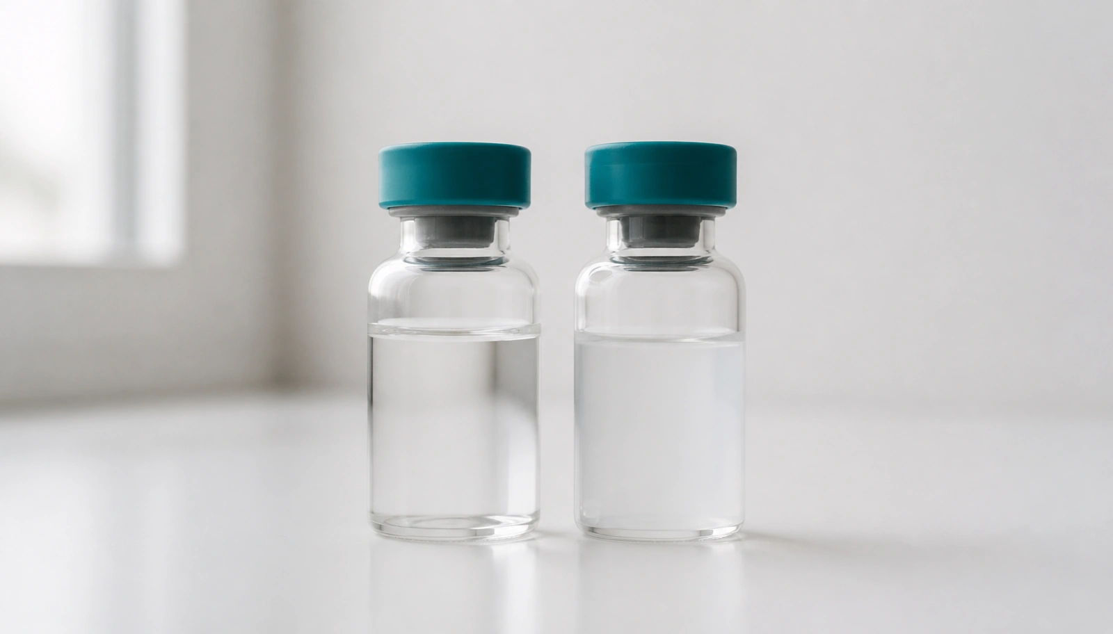 Two identical peptide vials side by side in soft light; one holds a clear solution and the other a faint, even haze.