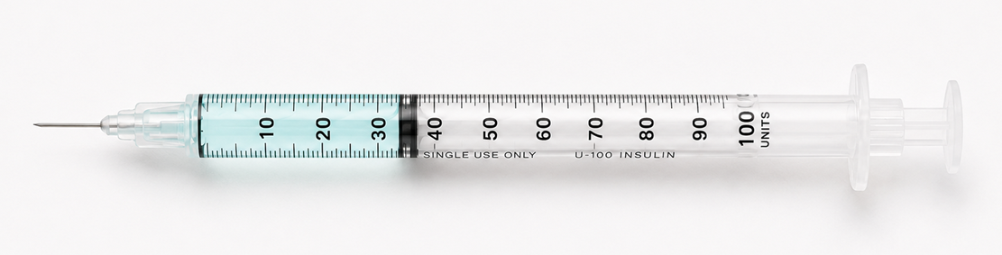 U-100 insulin syringe marked 0 to 100 units, with 35 units drawn to show 0.35 mL