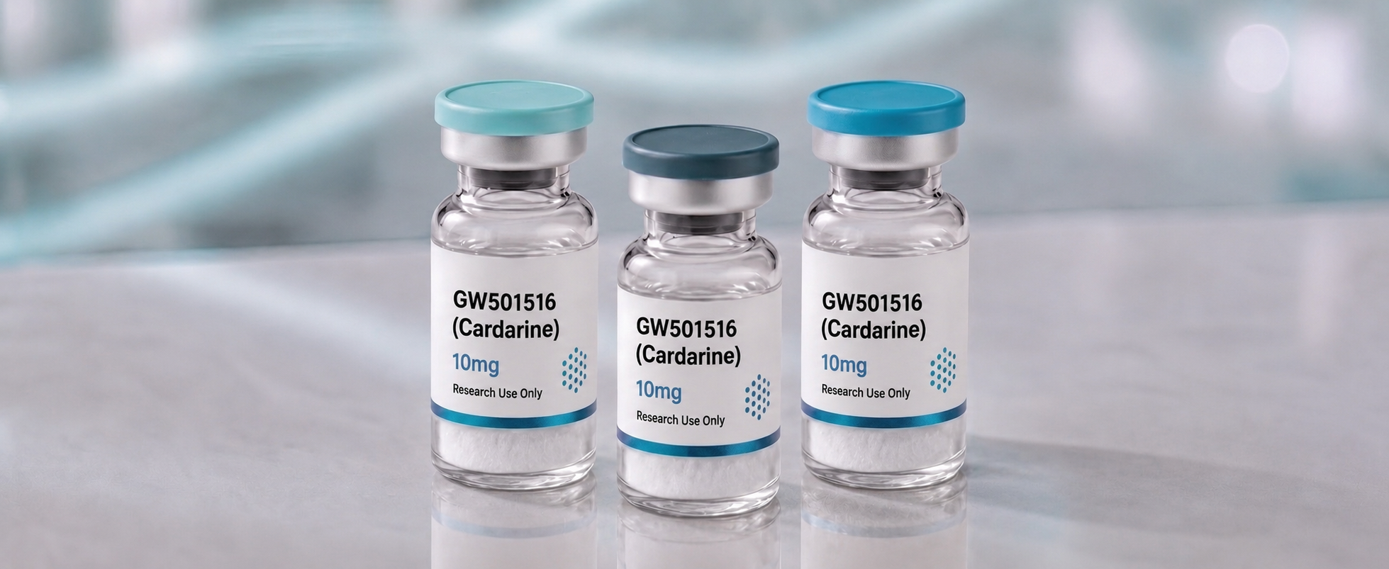 A row of GW501516 (Cardarine) research vials, mock product photograph