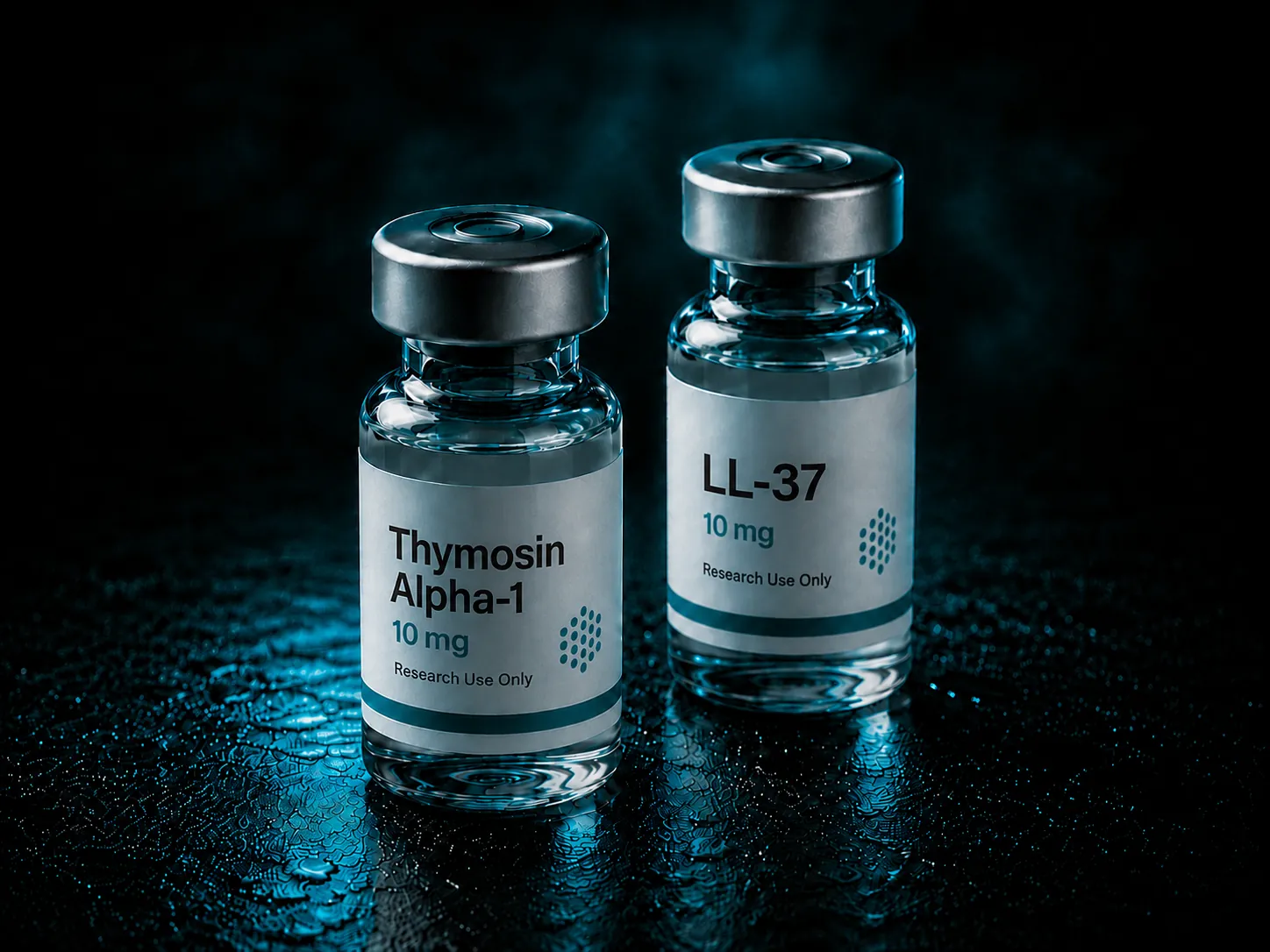 Research vials labeled Thymosin Alpha-1 and LL-37, ten milligrams each, under low blue light