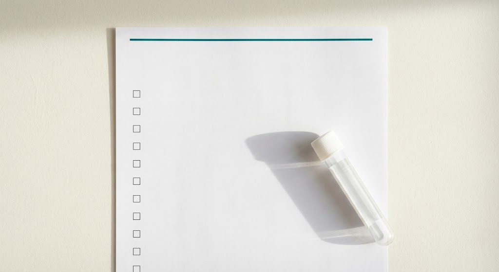 A top-down photo of a checklist form with a row of empty checkboxes and a small capped specimen tube resting on it.