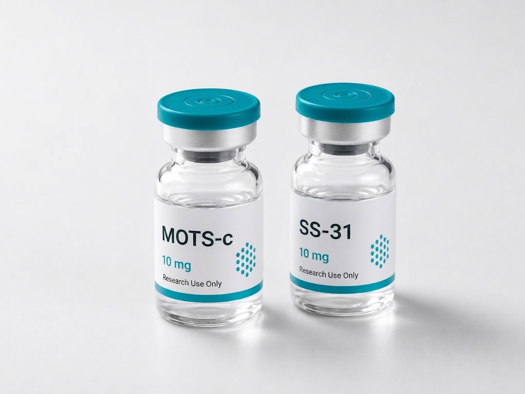 MOTS-c and SS-31 vials side by side on a white surface