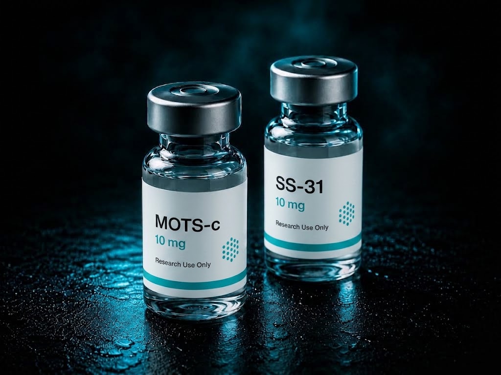 Two research vials labeled MOTS-c and SS-31 under low light