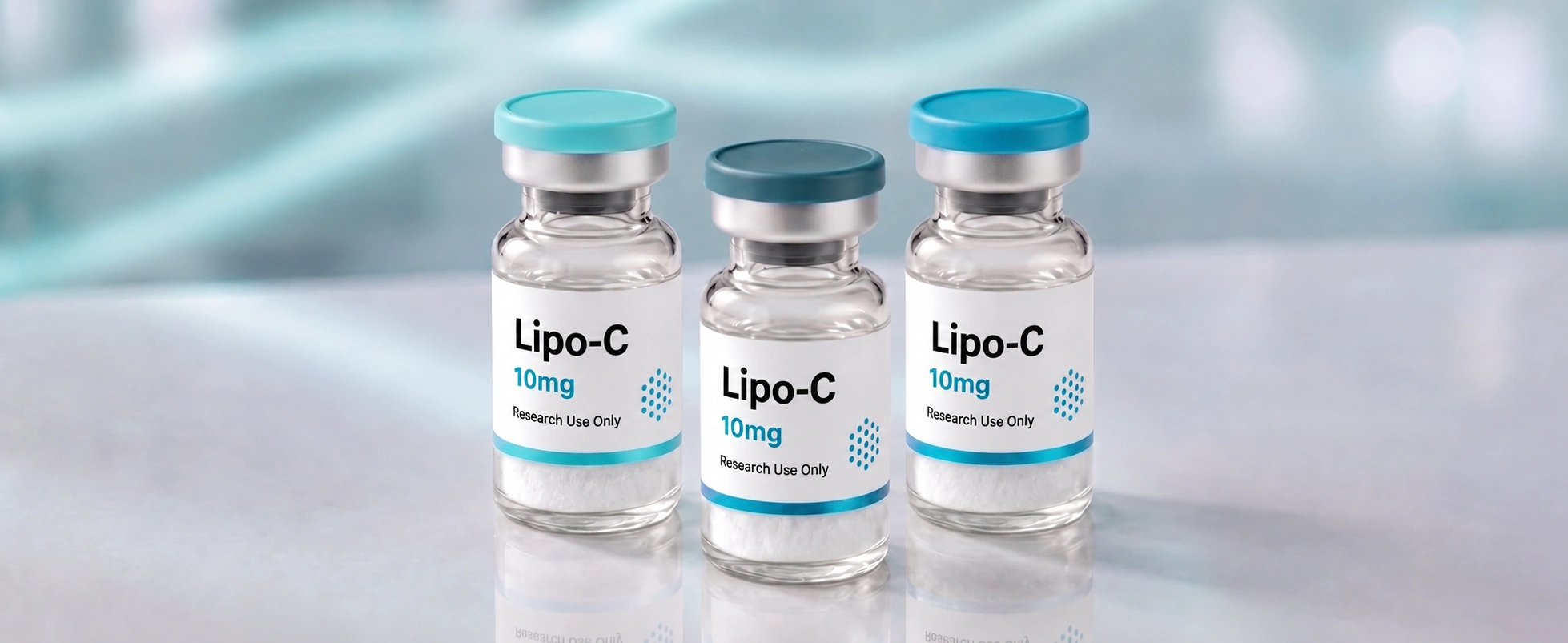 A row of Lipo-C (MIC blend) research vials, mock product photograph
