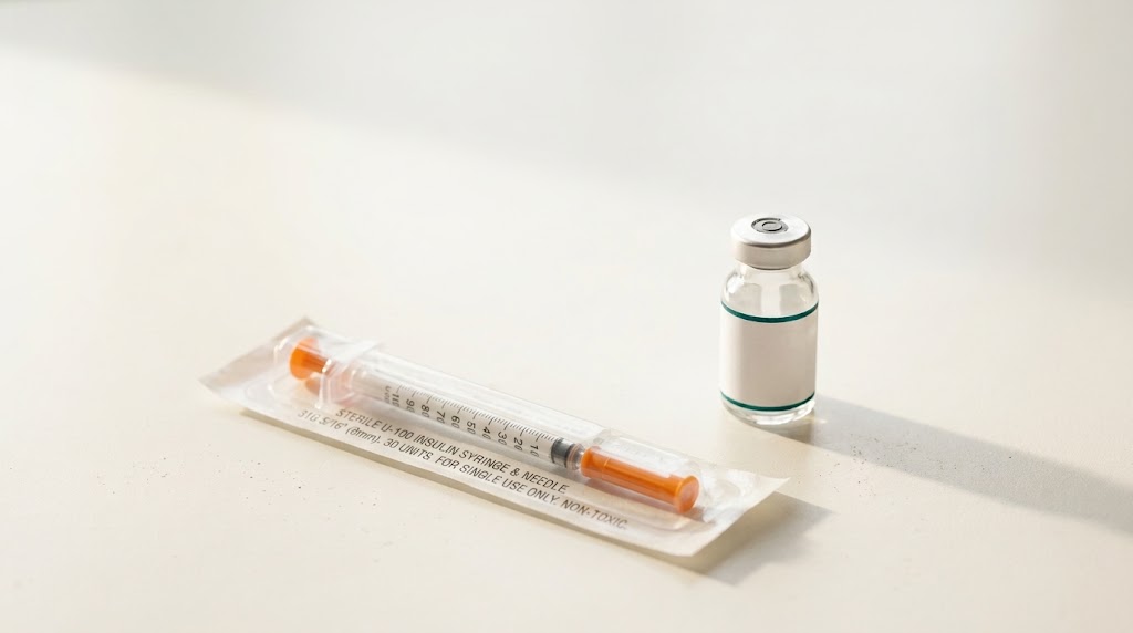A sterile U-100 insulin syringe in its wrapper beside a small clear vial with a blank label on a bright counter.