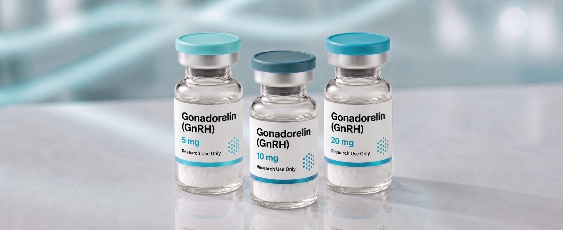 A row of Gonadorelin (GnRH) research vials, mock product photograph