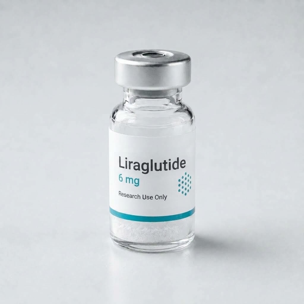 Liraglutide 6 mg research vial on a pale surface