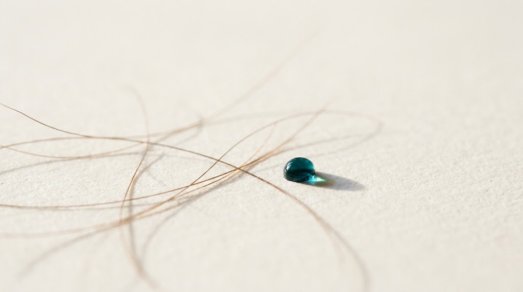 A blue-green droplet beside strands of hair on a pale surface