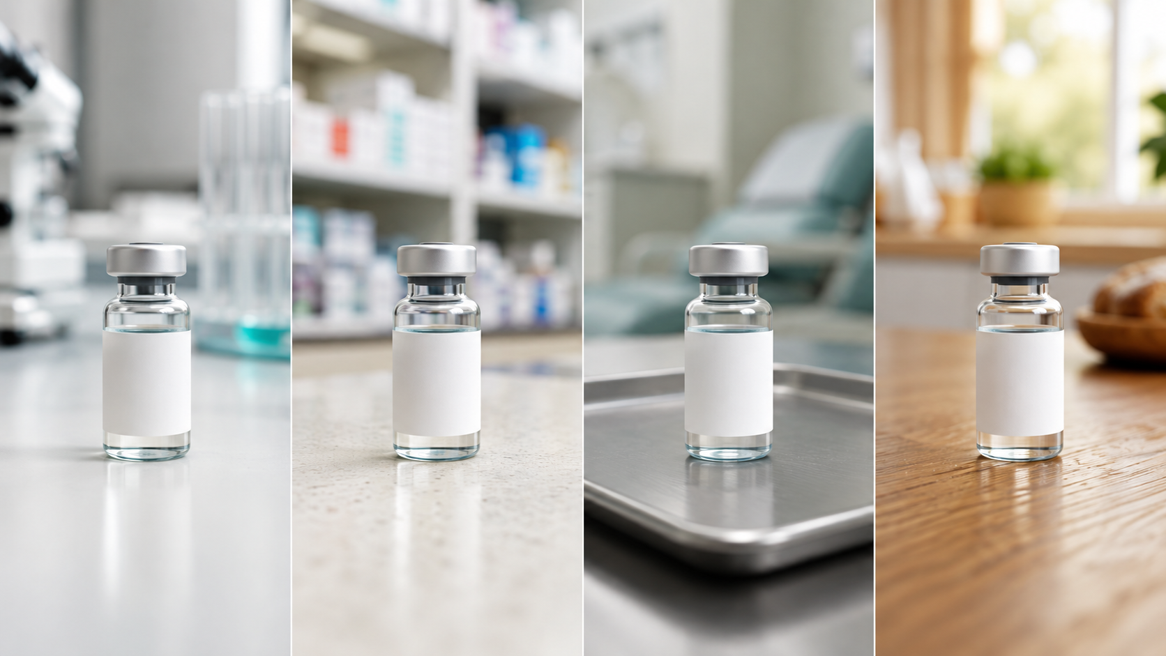 The same unlabelled vial photographed on a lab bench, a pharmacy counter, a clinic tray and a kitchen table