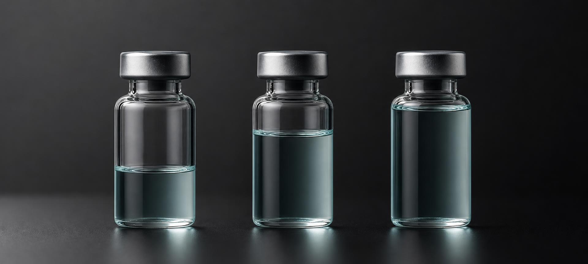 Three identical vials holding the same 10 mg of peptide, reconstituted with 1 mL, 2 mL and 3 mL of bacteriostatic water