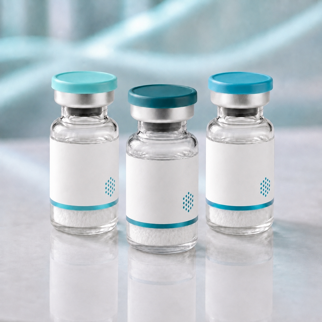 A row of PDA (Pentadeca Arginate) research vials, mock product photograph