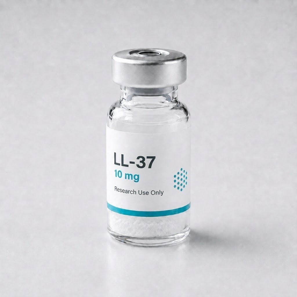 Research vial labeled LL-37 containing white lyophilized powder