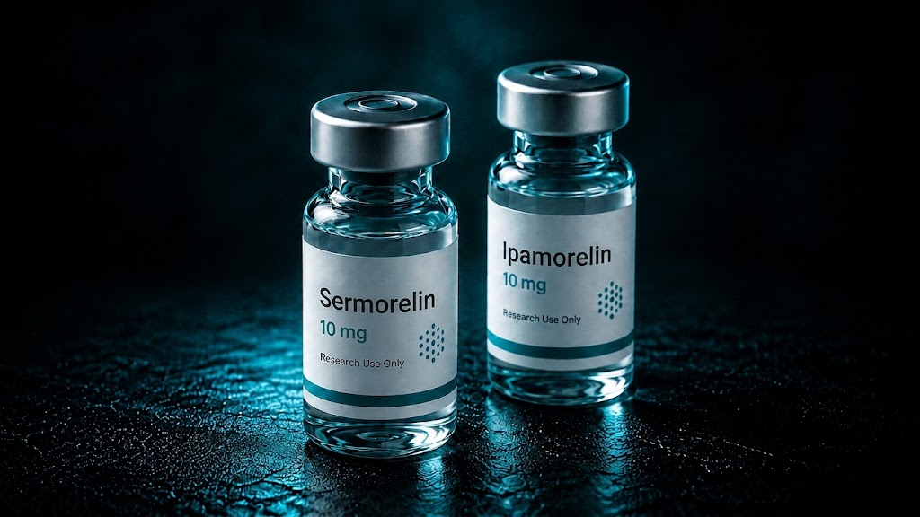 Research vials labeled Sermorelin and Ipamorelin, ten milligrams each, under low teal light