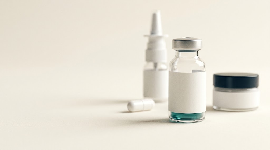 An unlabelled vial of peptide powder in focus, with a capsule, a nasal spray bottle and a cream jar blurred behind it