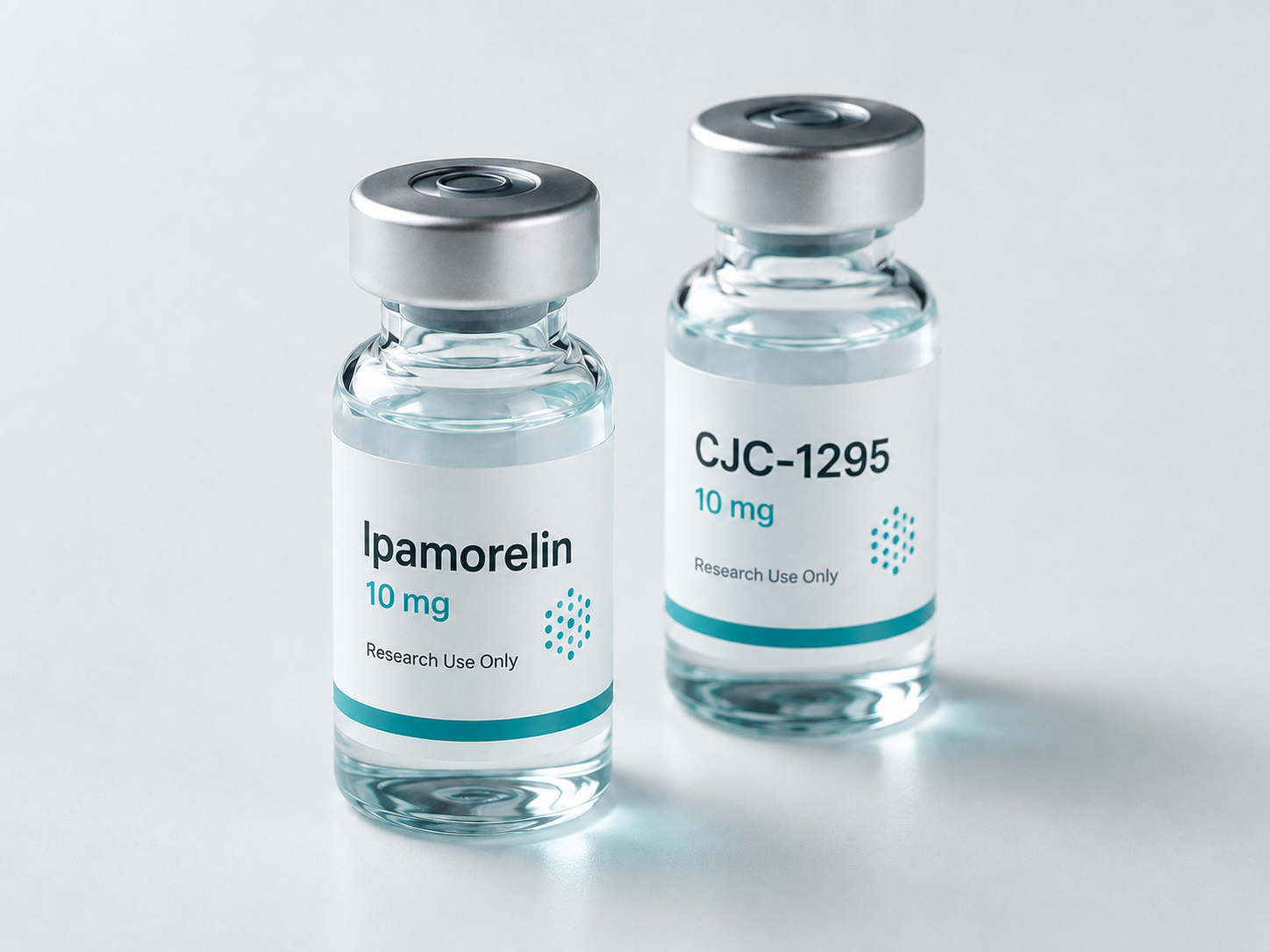 Ipamorelin and CJC-1295 vials side by side on a white surface