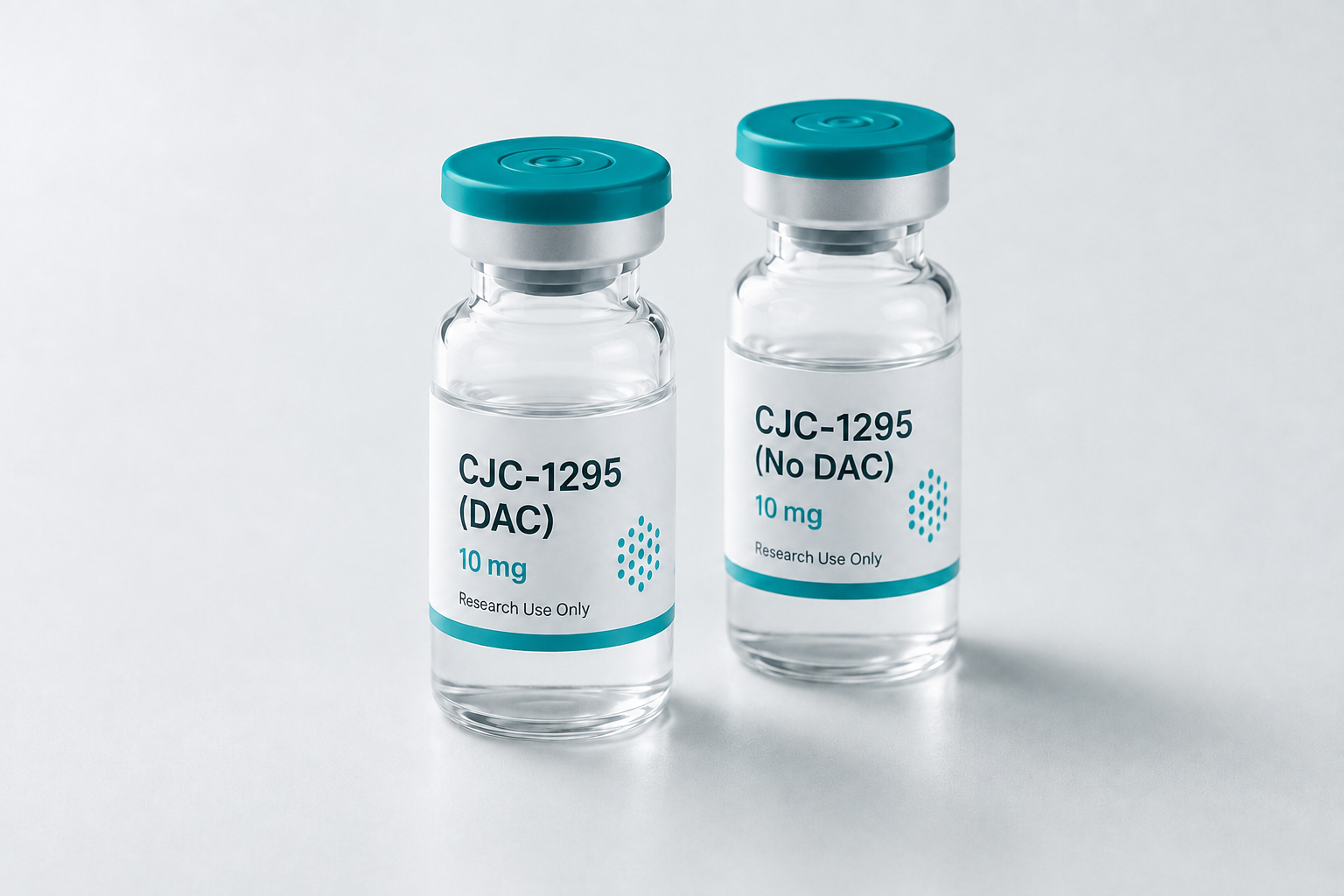 Two 10 mg research vials labeled CJC-1295 (DAC) and CJC-1295 (No DAC) on a light surface