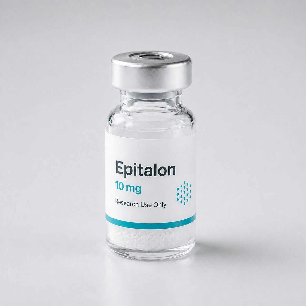 Research vial labeled Epitalon containing white lyophilized powder
