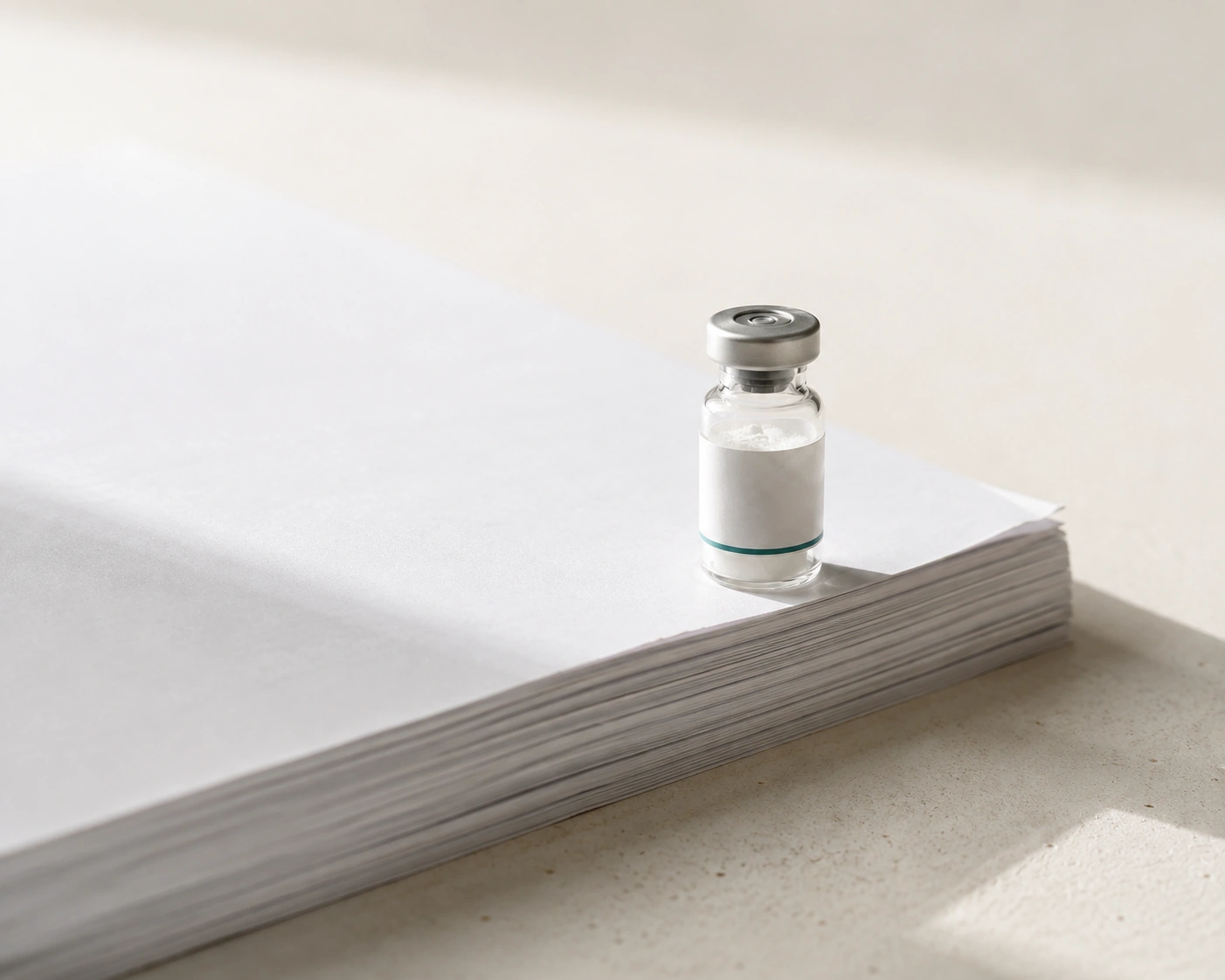 A glass peptide vial sits on a stack of papers, lit by natural window light.