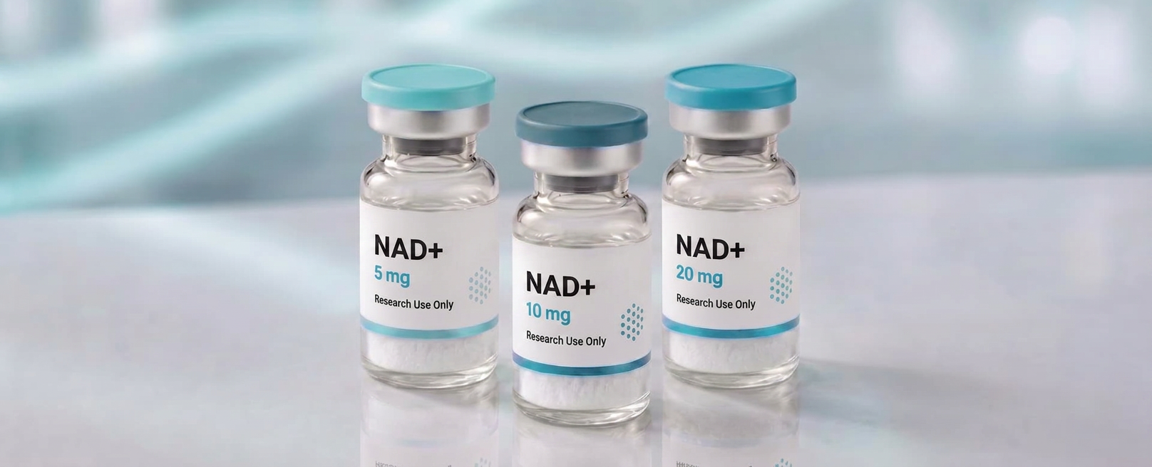 A row of NAD+ research vials, mock product photograph