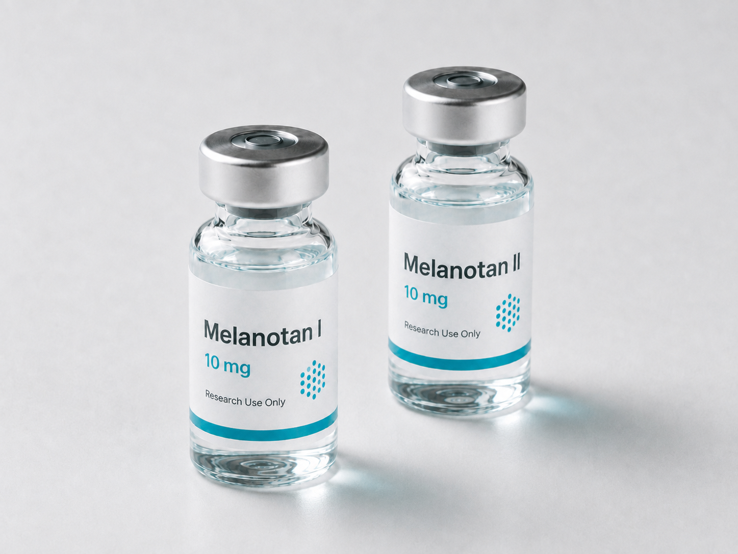 Melanotan I and Melanotan II vials side by side on a white surface