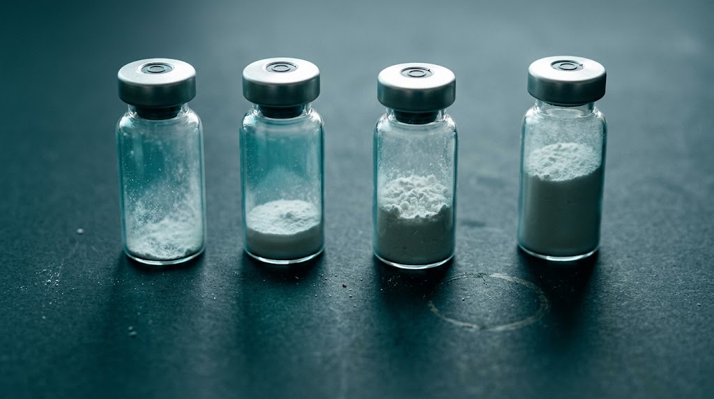 Four clear glass peptide vials in a row on dark slate with rising powder levels, the leftmost vial much smaller than the other three