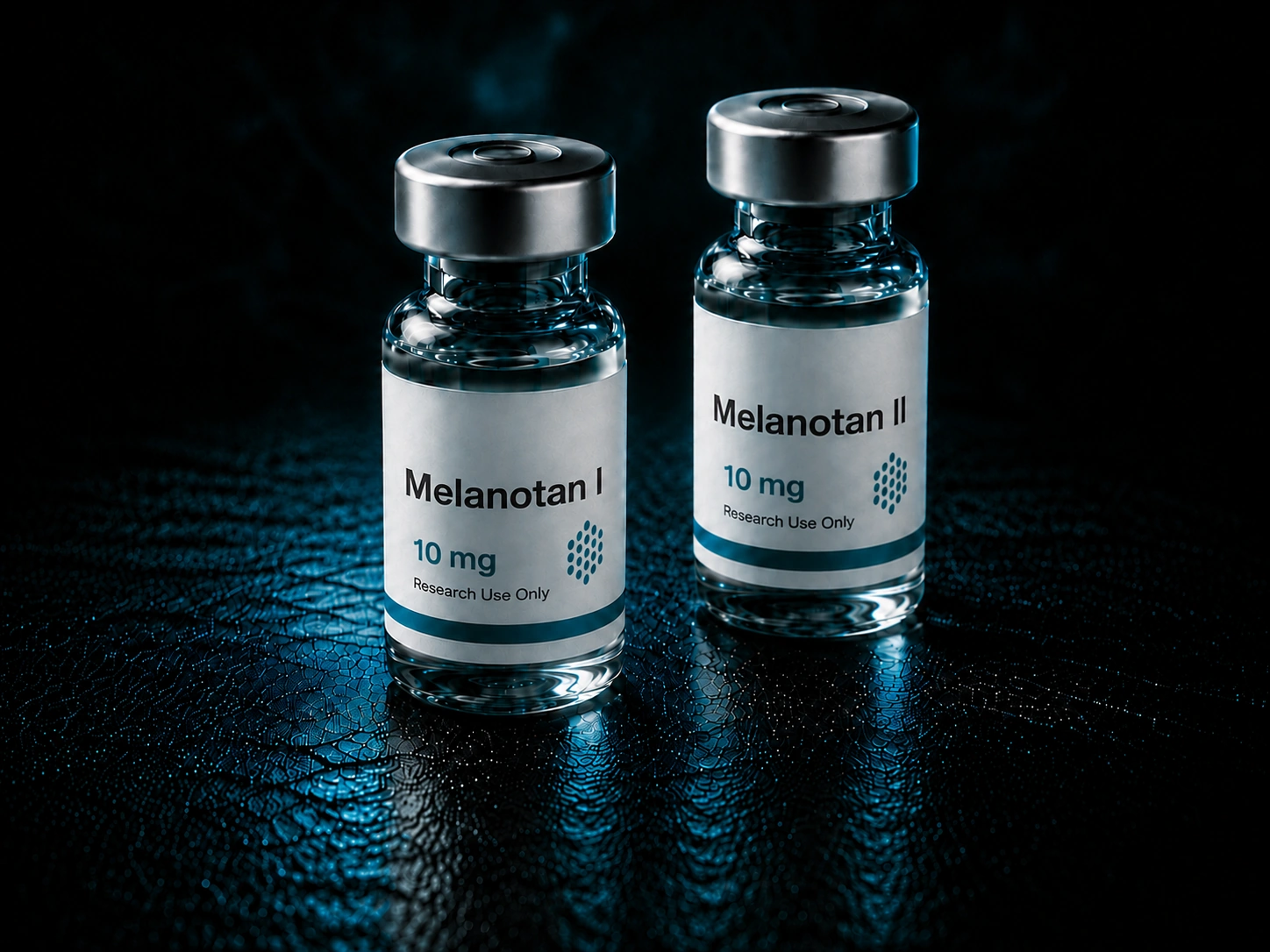 Melanotan I and Melanotan II research vials side by side under low blue light
