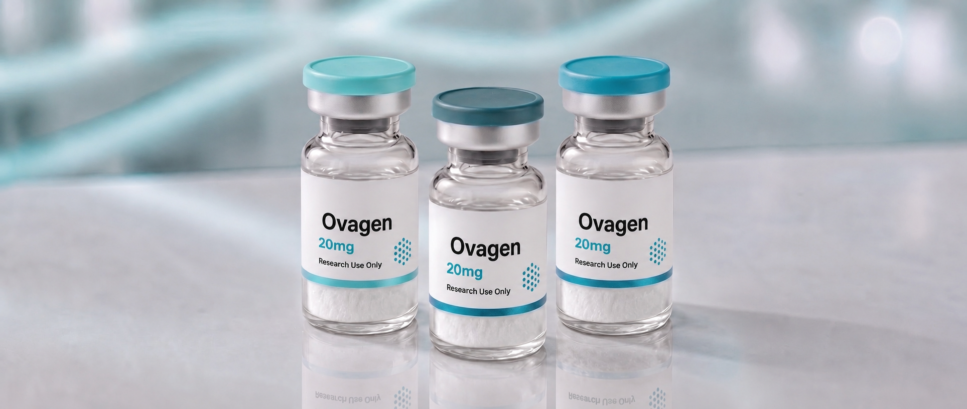 A row of Ovagen research vials, mock product photograph